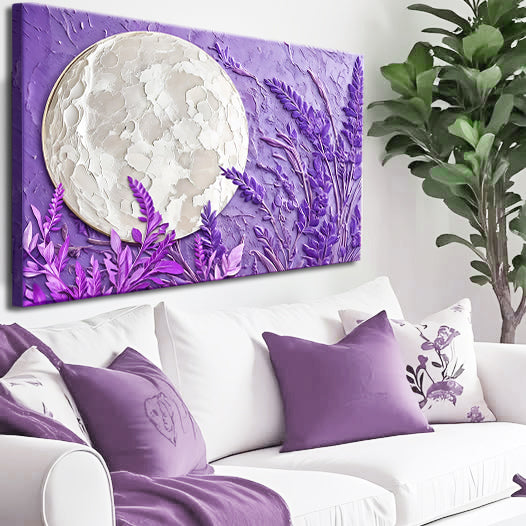 3D lavender moon wall art on canvas by Tailored Canvases featuring a calming moon and lavender design for bedroom or living room decor.