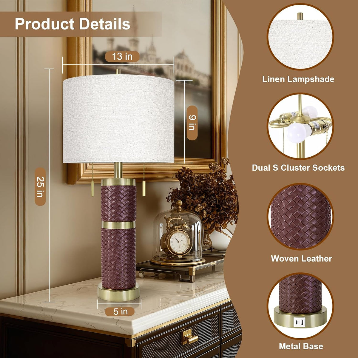 KIVDITZO Set of 2 25-Inch Woven Leather Table Lamps for Nightstands