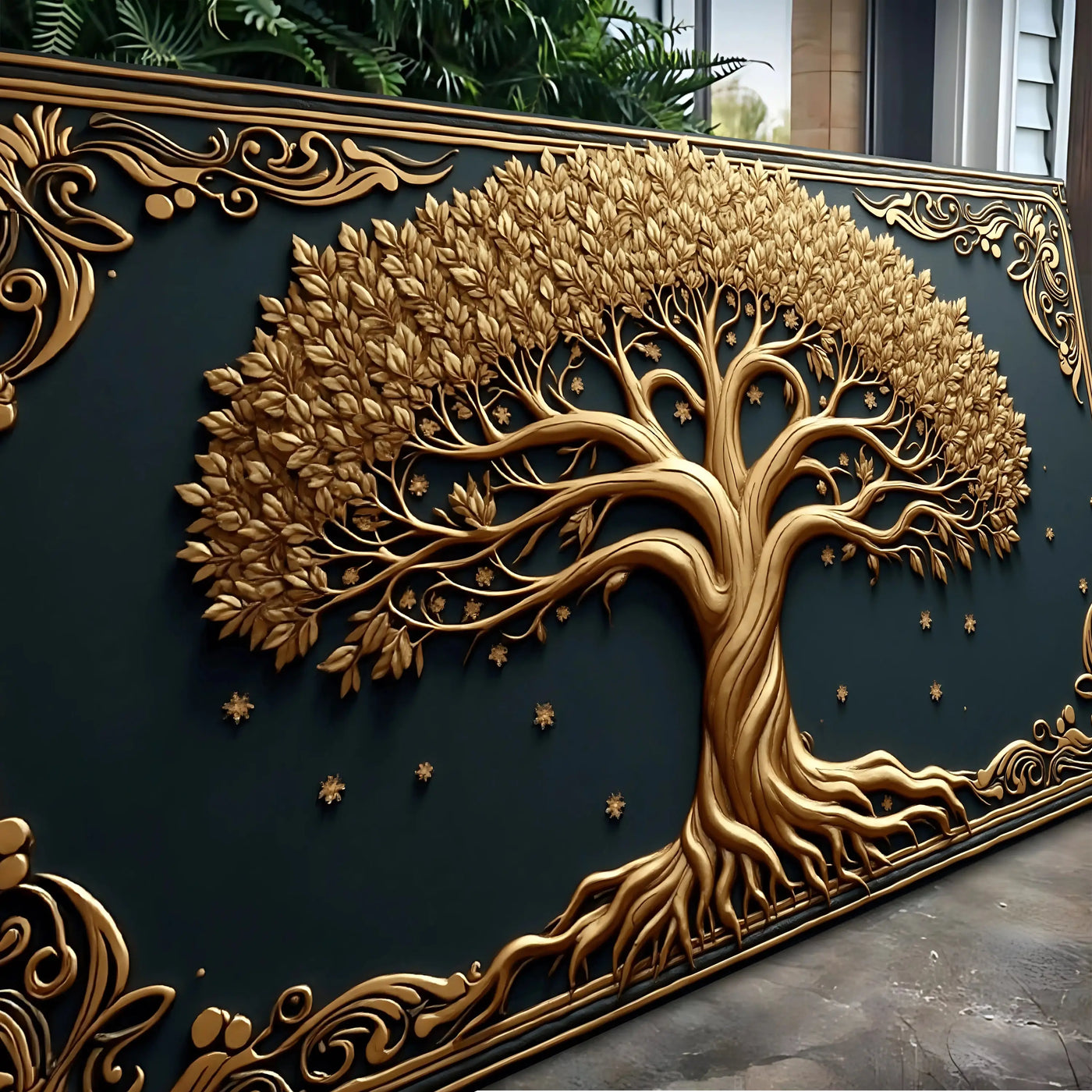 Golden intricately carved 3d celtic tree of life wall art with detailed leaves and roots on dark green background