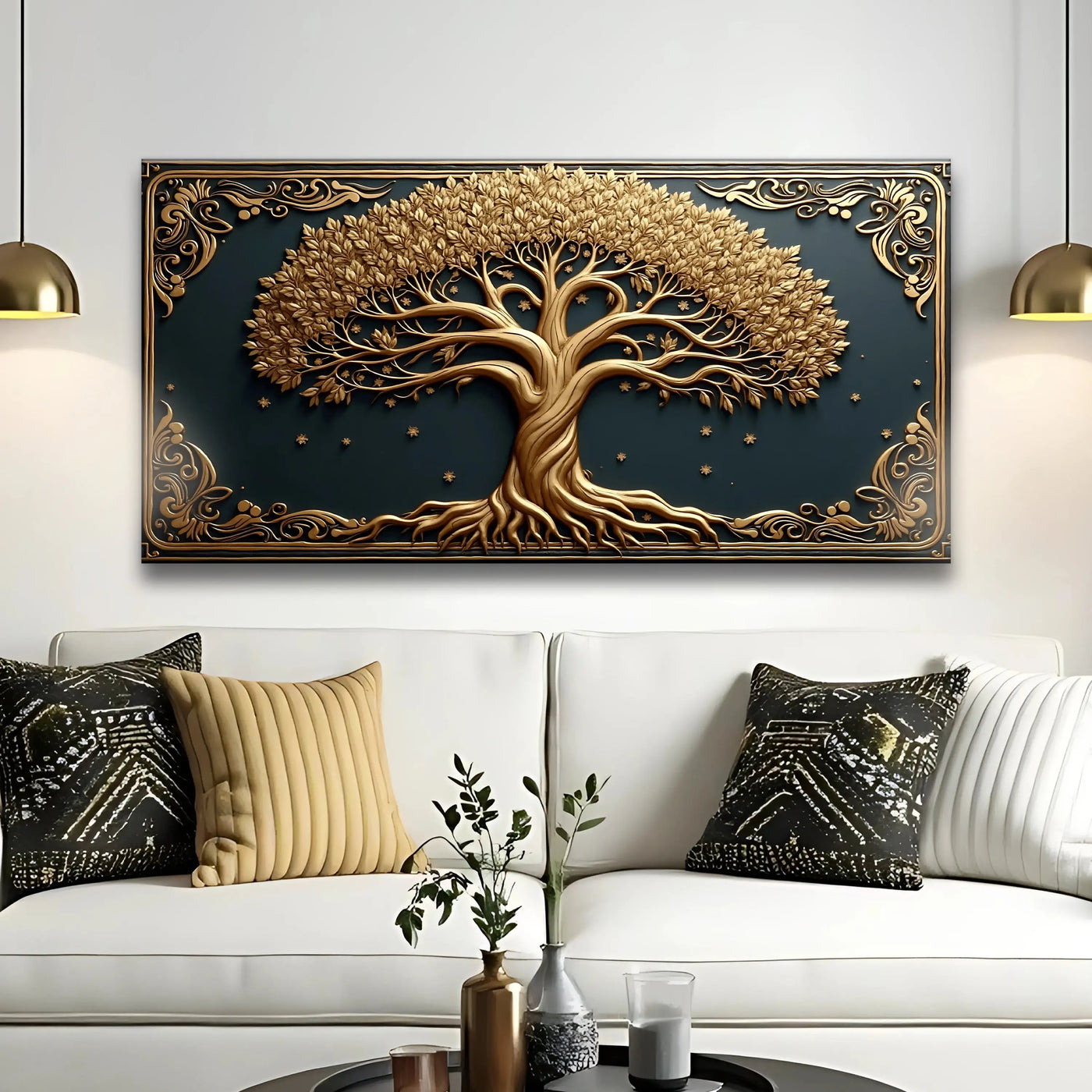 Golden intricately carved 3d celtic tree of life wall art with detailed roots and leaves on dark teal background