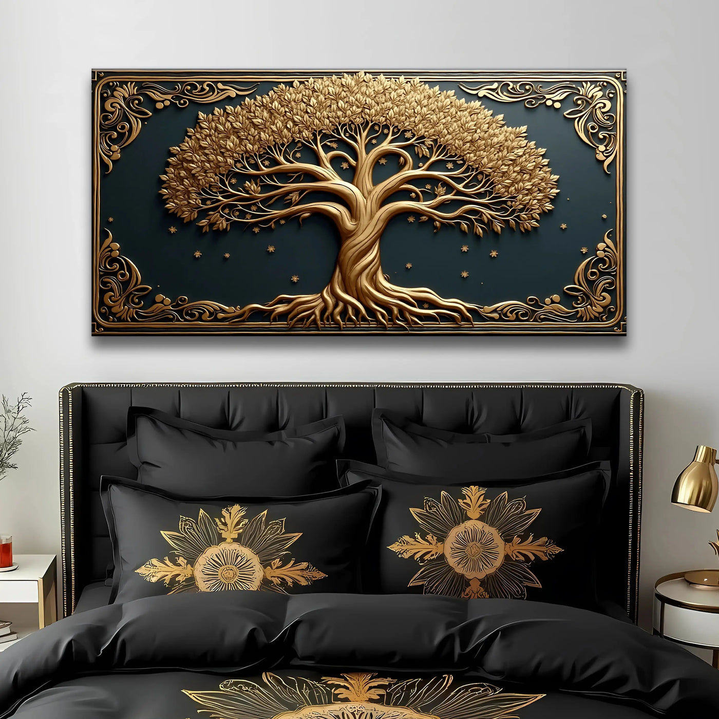 Golden 3d celtic tree of life wall art with intricate carved roots and branches on dark teal background