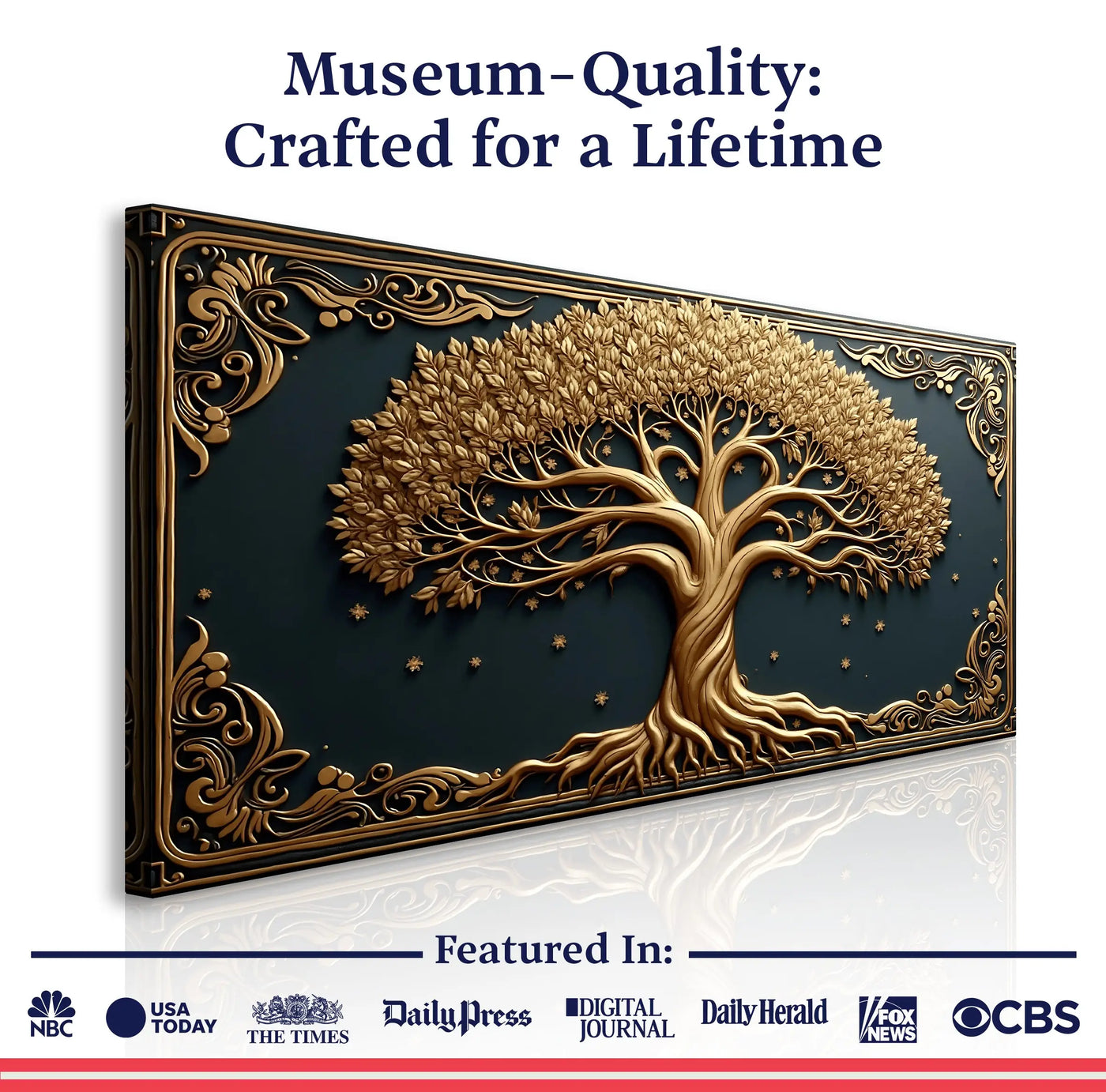 Golden 3d celtic tree of life wall art with intricately carved roots and branches on a dark background