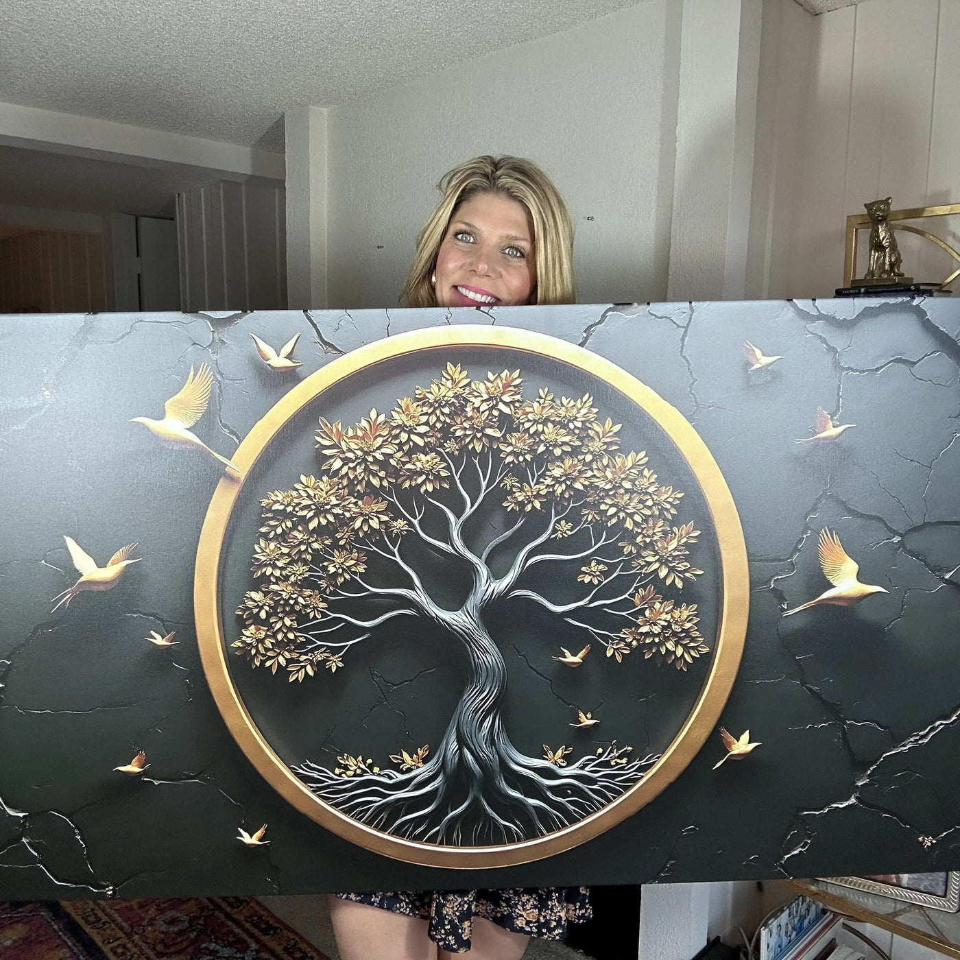 3d celtic tree of life wall art with a gold frame featuring a silver tree with golden leaves on dark marble background