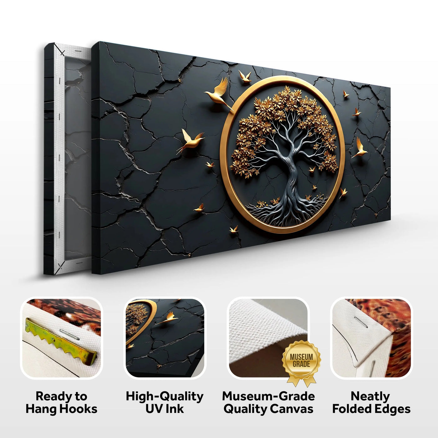Black canvas 3d celtic tree of life wall art with gold frame roots branches and birds on cracked black background