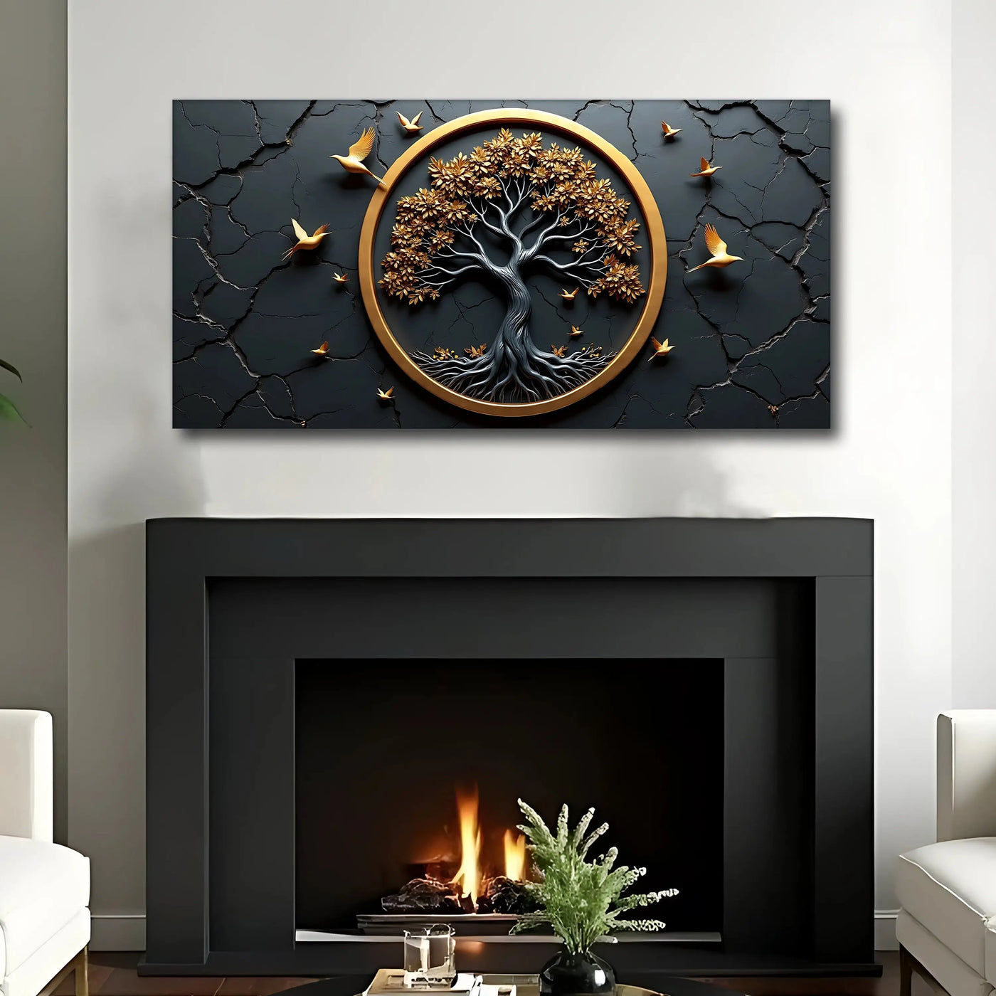 Black and gold 3d framed Celtic tree of life wall art with intricate roots branches leaves and birds on cracked stone background