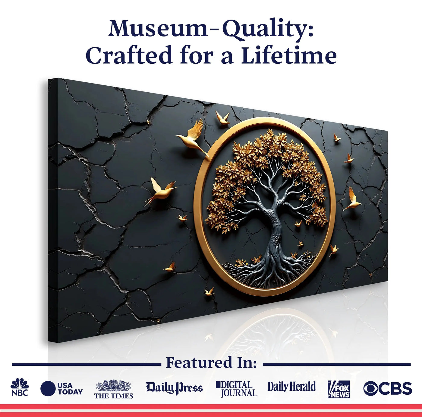 Black canvas 3D Celtic tree of life wall art with gold frame silver roots and branches and golden birds on cracked background