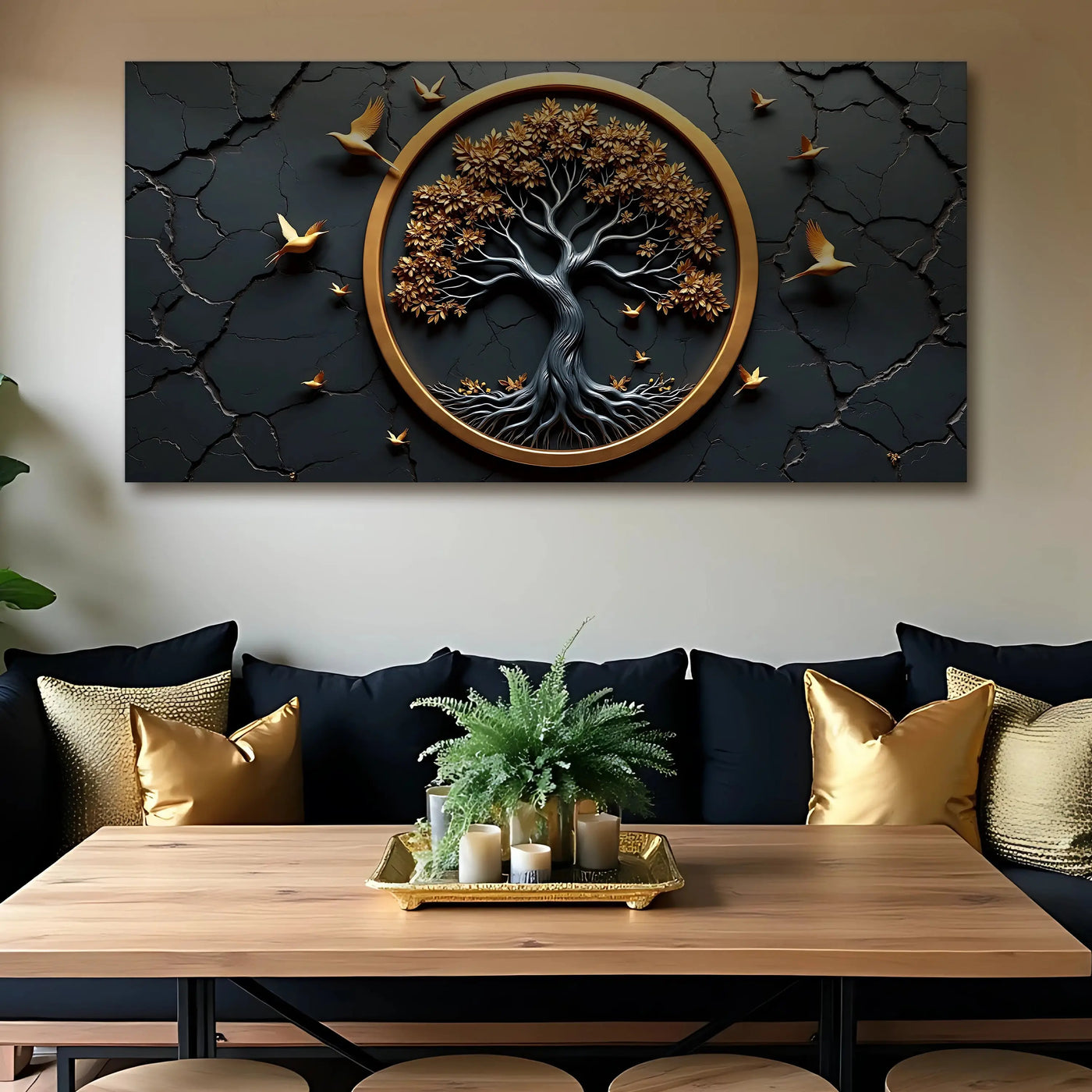 Bronze-toned 3d celtic tree of life wall art with detailed tree, golden leaves, and birds on cracked black background