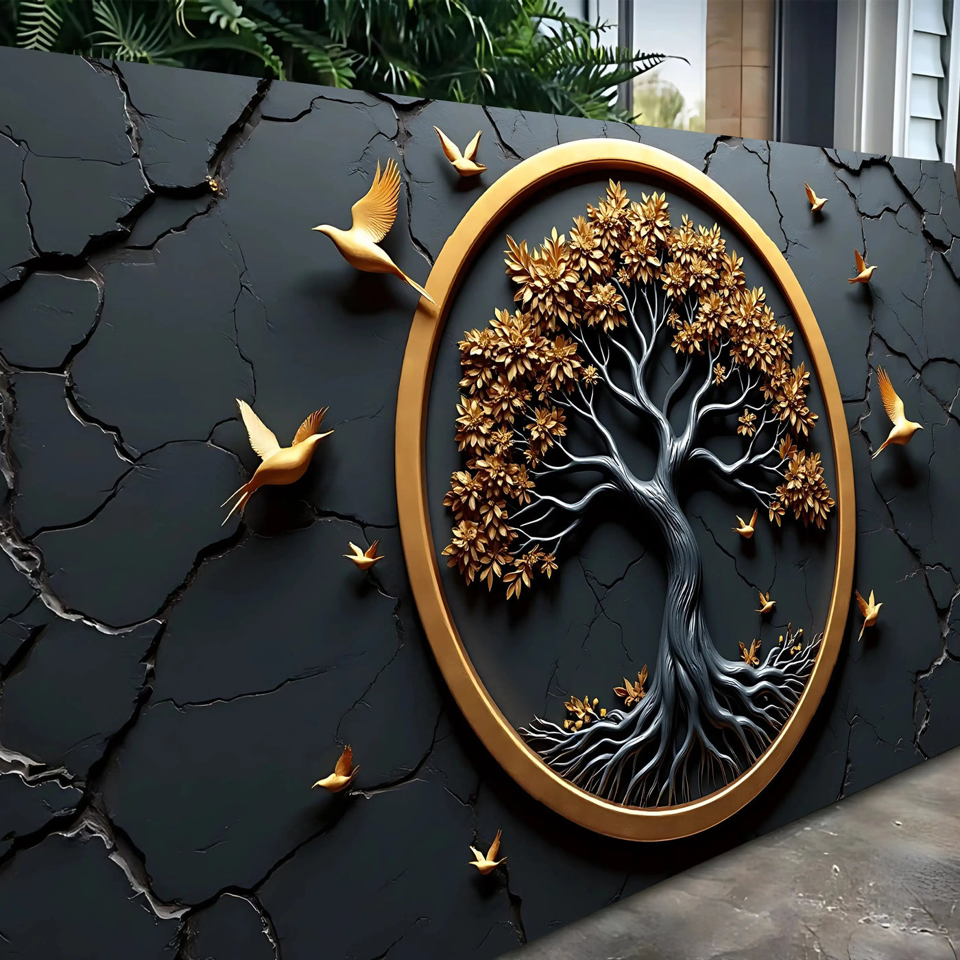 3d celtic tree of life wall art in golden and silver metallic with intricate branches leaves roots and birds in circular frame