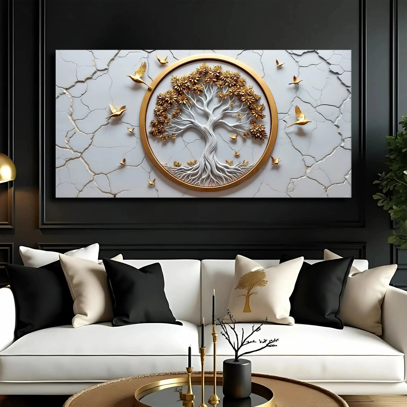 3d celtic tree of life wall art with gold frame white and golden foliage and birds on cracked marble background