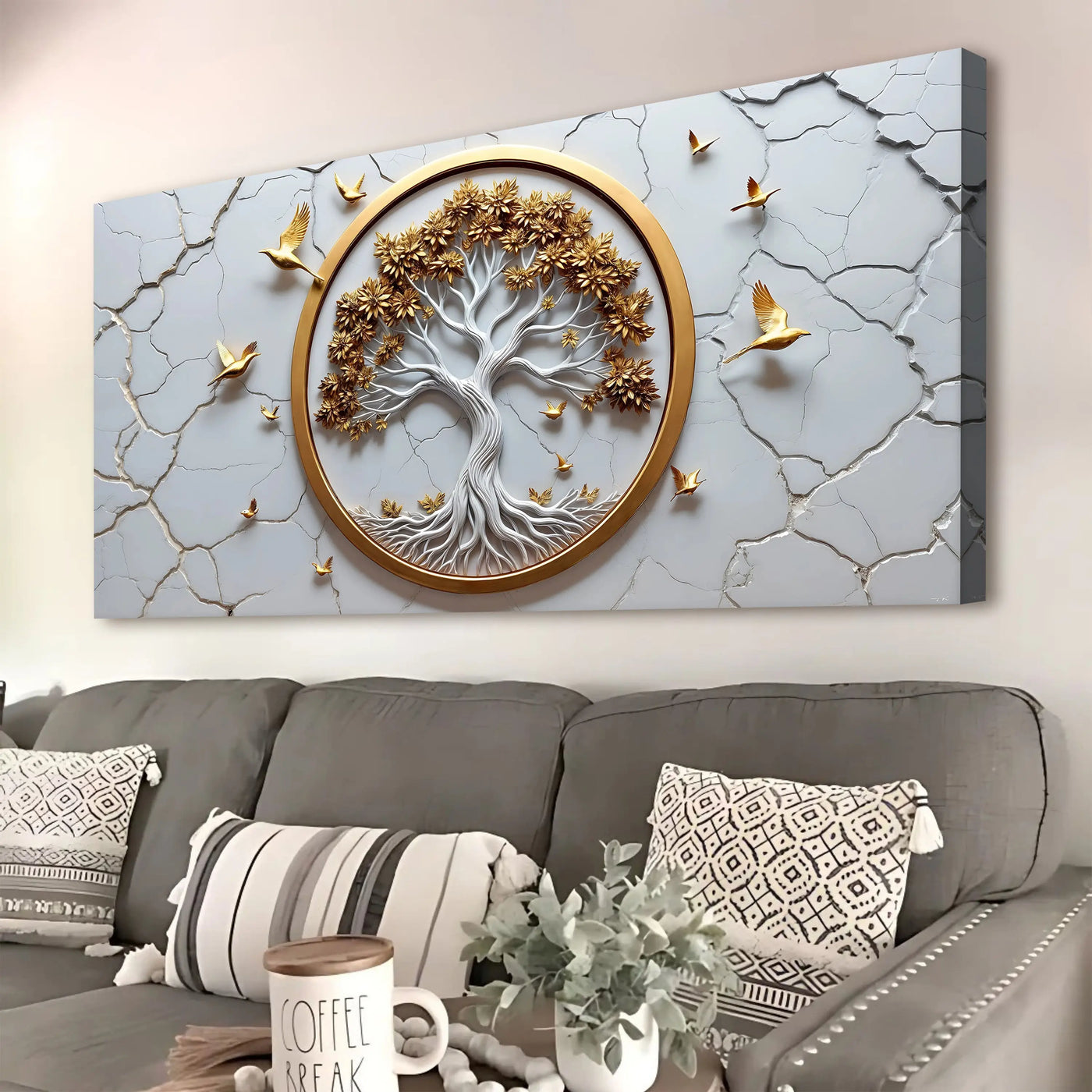 3d celtic tree of life wall art in gold and white with intricate roots leaves and birds on cracked gray background