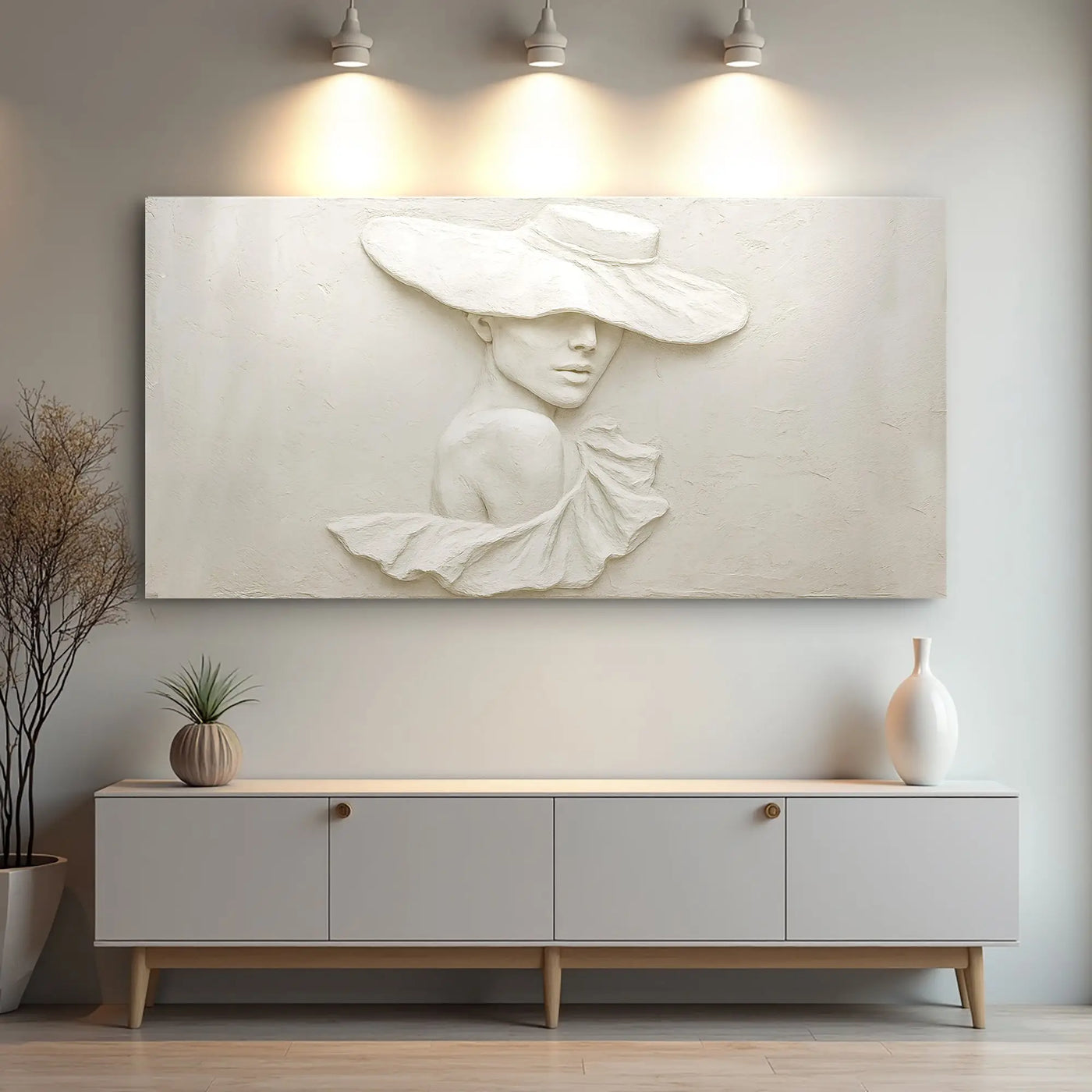 3d minimalist female portrait wall art featuring a sculptural white canvas painting of a woman with a wide-brimmed hat