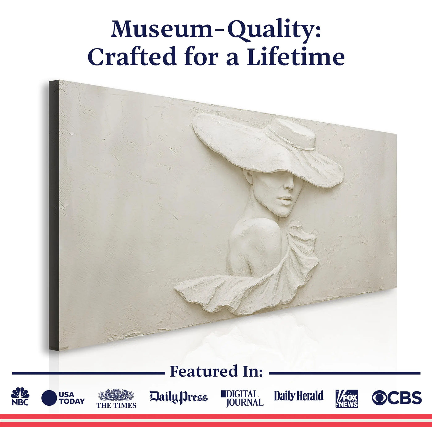 Cream-colored textured canvas 3D minimalist female portrait wall art with a sculpted relief of a woman in a wide-brimmed hat