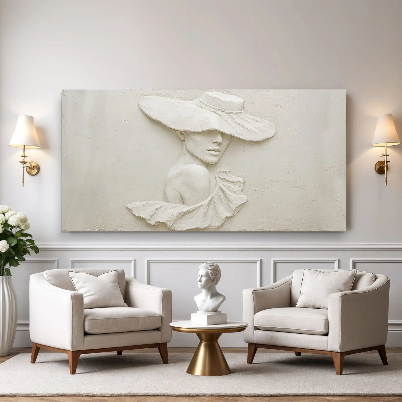 A white 3d minimalist female portrait wall art featuring a sculptural canvas of a woman in an elegant wide-brimmed hat