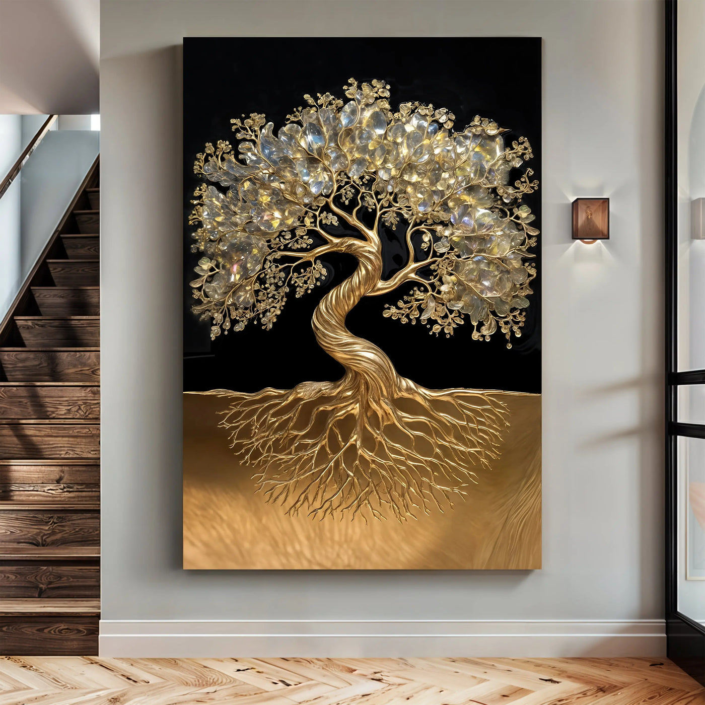 Golden 3d minimalist tree of life wall art with intricate branches and sparkling crystal leaves on black canvas background