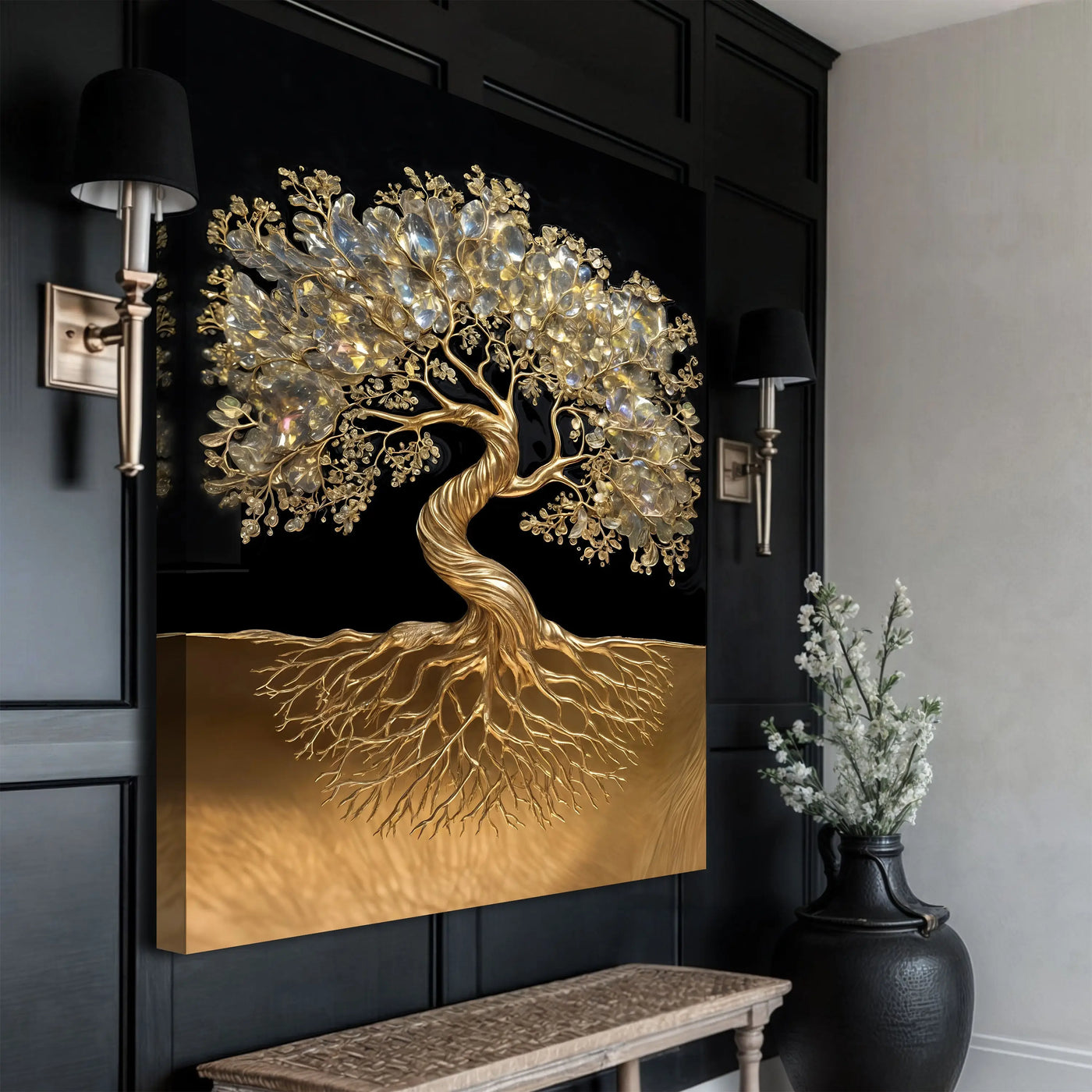 3d minimalist tree of life wall art featuring a golden metallic sculpture with crystal leaves and roots on black background