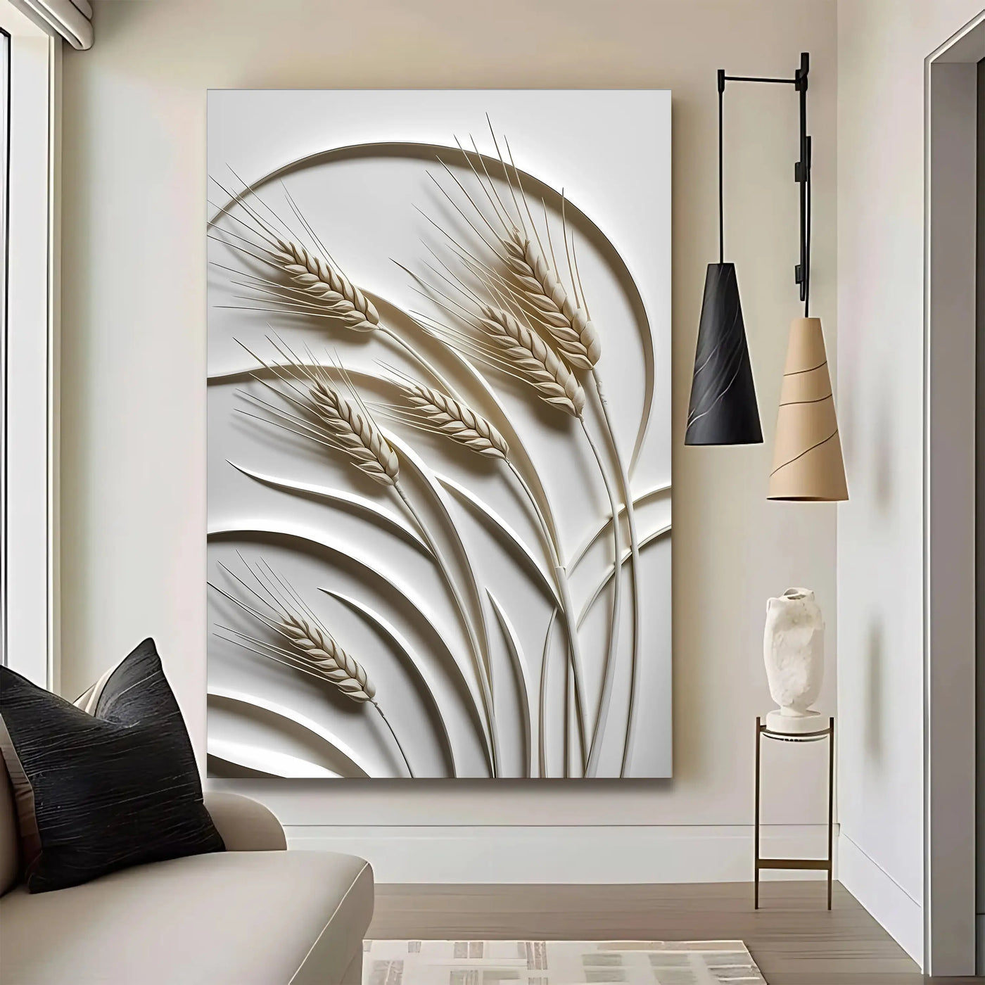 A modern minimalist 3d wheat wall art panel with sculpted golden brown stalks on a white background