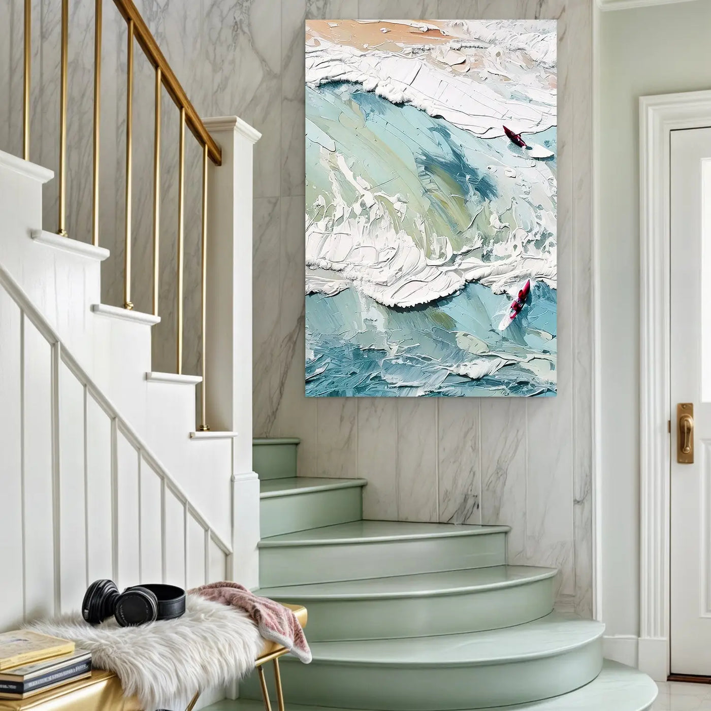 3d sea wall art featuring a textured abstract ocean wave painting with thick impasto brushstrokes and two red kayaks