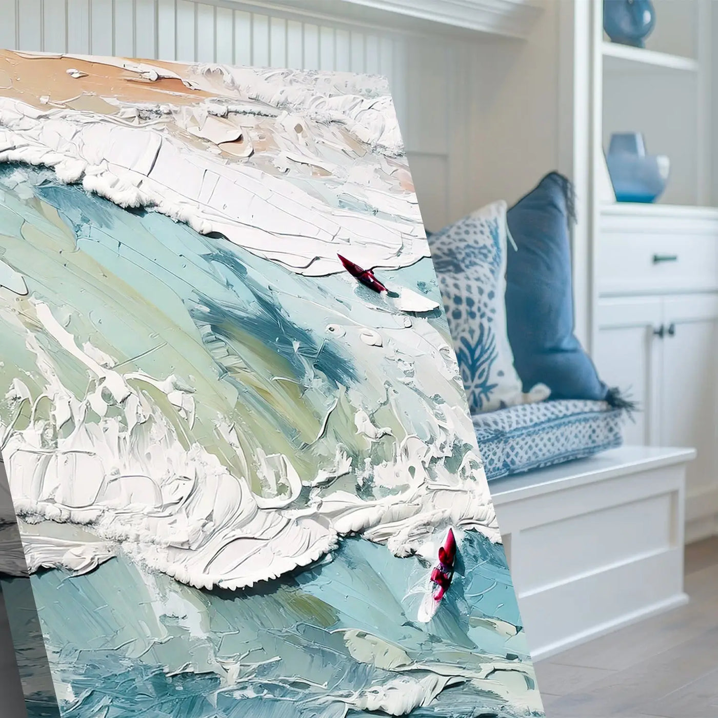 3d sea wall art textured abstract ocean canvas with thick impasto brushstrokes in white teal beige and red sailboats