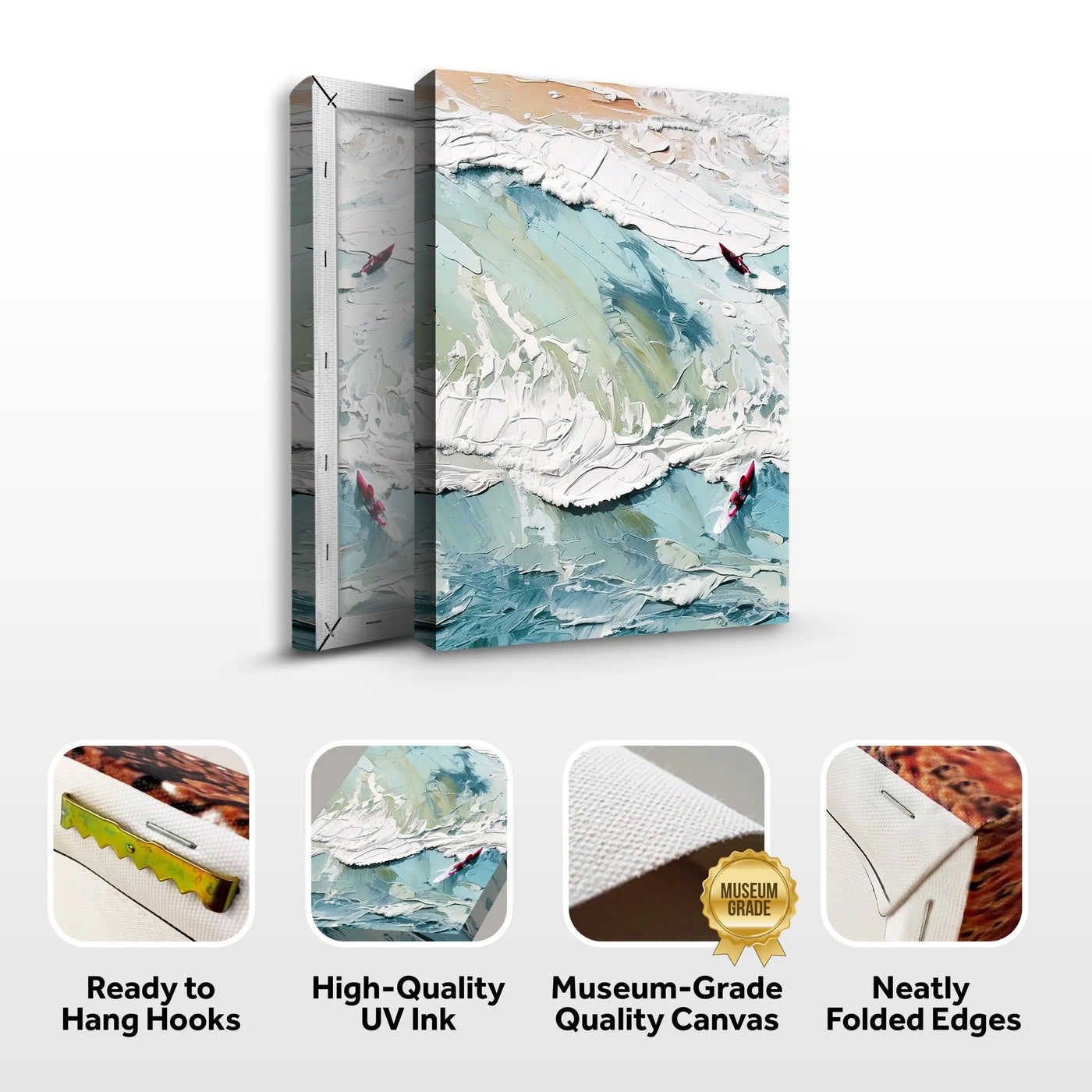 3d sea wall art textured canvas painting of turquoise and white ocean waves with small red kayaks