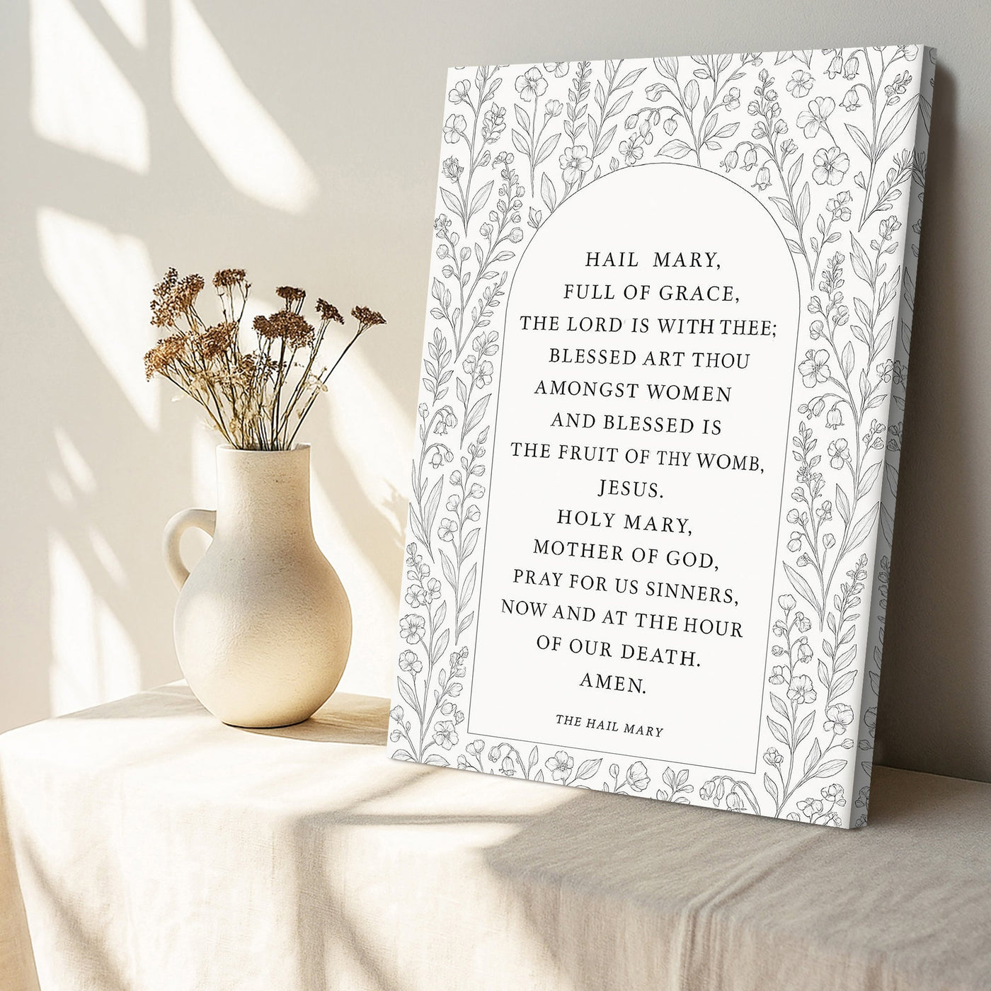 Canvas wall art featuring the Hail Mary Faith Sign III with religious text and decorative design by Tailored Canvases.