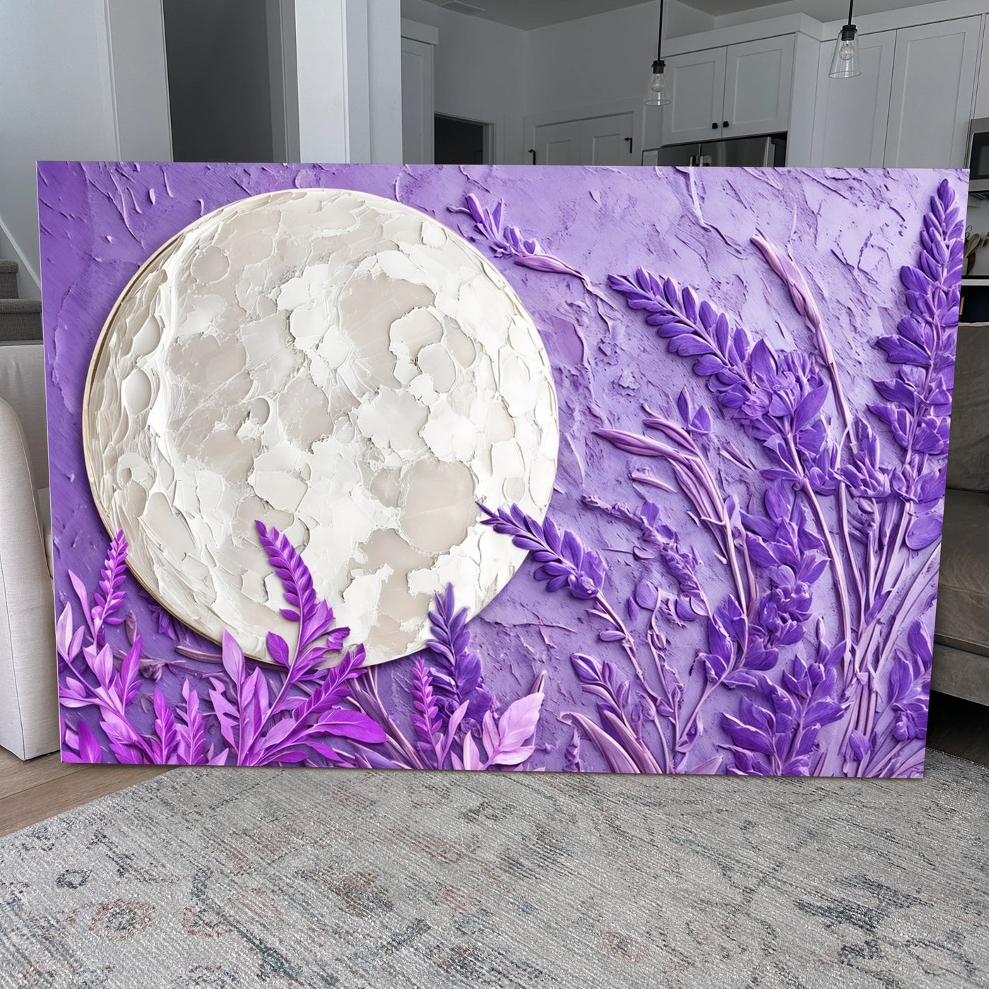 3D lavender moon wall art canvas by Tailored Canvases featuring a dreamy moon and floral design for bedroom decor