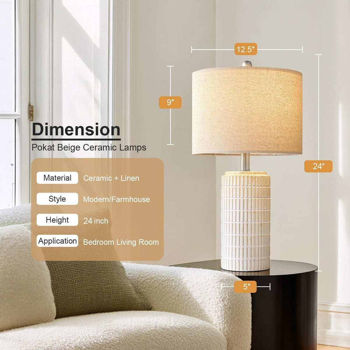 Pokat Set of 2 Modern 24" Ceramic Table Lamps for Bedroom and Living Room, White and Beige Nightstand Lighting Decor