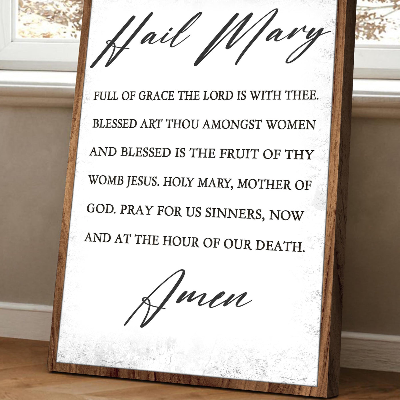 Canvas faith sign featuring "The Hail Mary" prayer, designed by Tailored Canvases with elegant lettering on high-quality material.