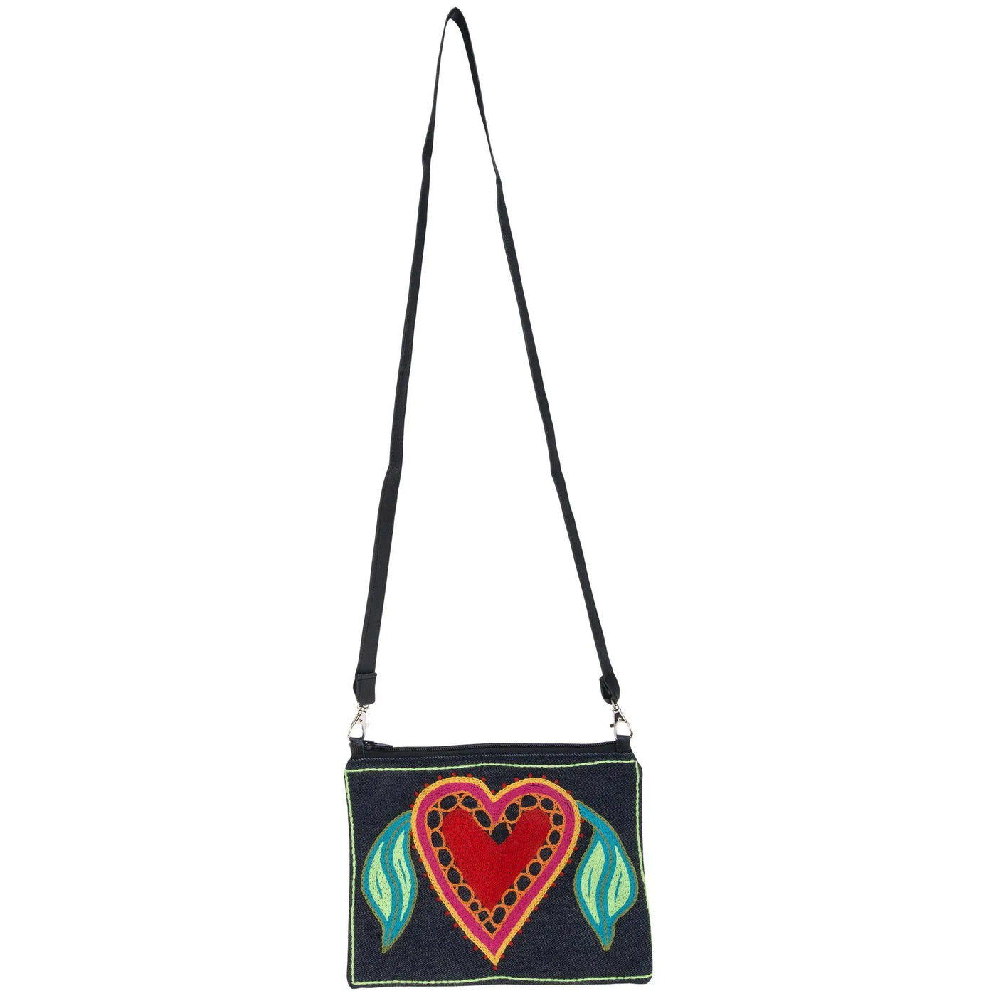 Amarasti embroidered sling bag in navy blue with a vibrant red heart and gold black embroidery and teal leaves