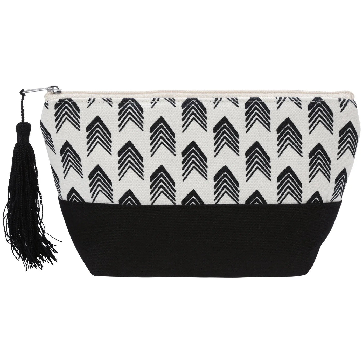 Black and white patterned fabric artful arrow pouch with a black tassel zipper pull for stylish storage