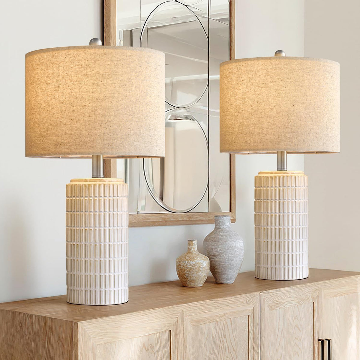 Pokat Set of 2 Modern 24" Ceramic Table Lamps for Bedroom and Living Room, White and Beige Nightstand Lighting Decor