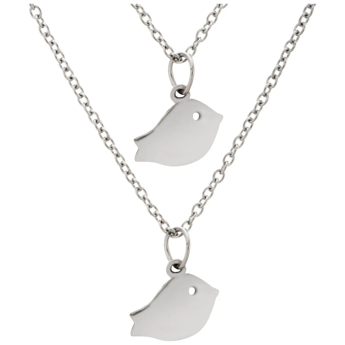 Silver bird-shaped pendant necklace with minimalist design and polished pewter finish set of 2 baby bird friends