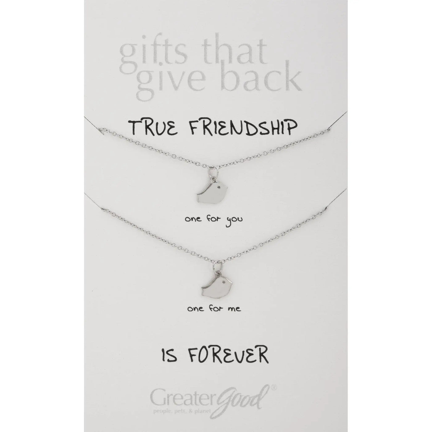 Silver baby bird pewter necklaces set of 2 on delicate chains with true friendship is forever message from greater good