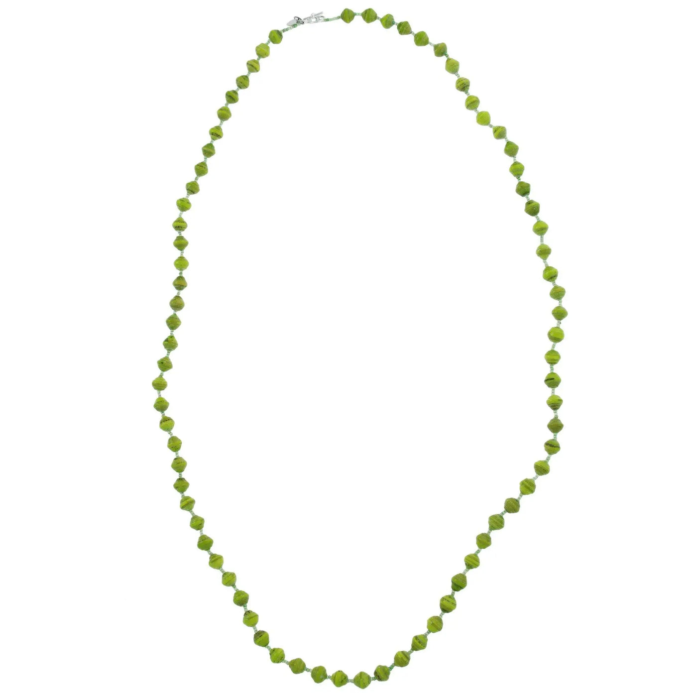 BeadforLife Sanyu long necklace with vibrant green faceted beads linked by silver-toned connectors