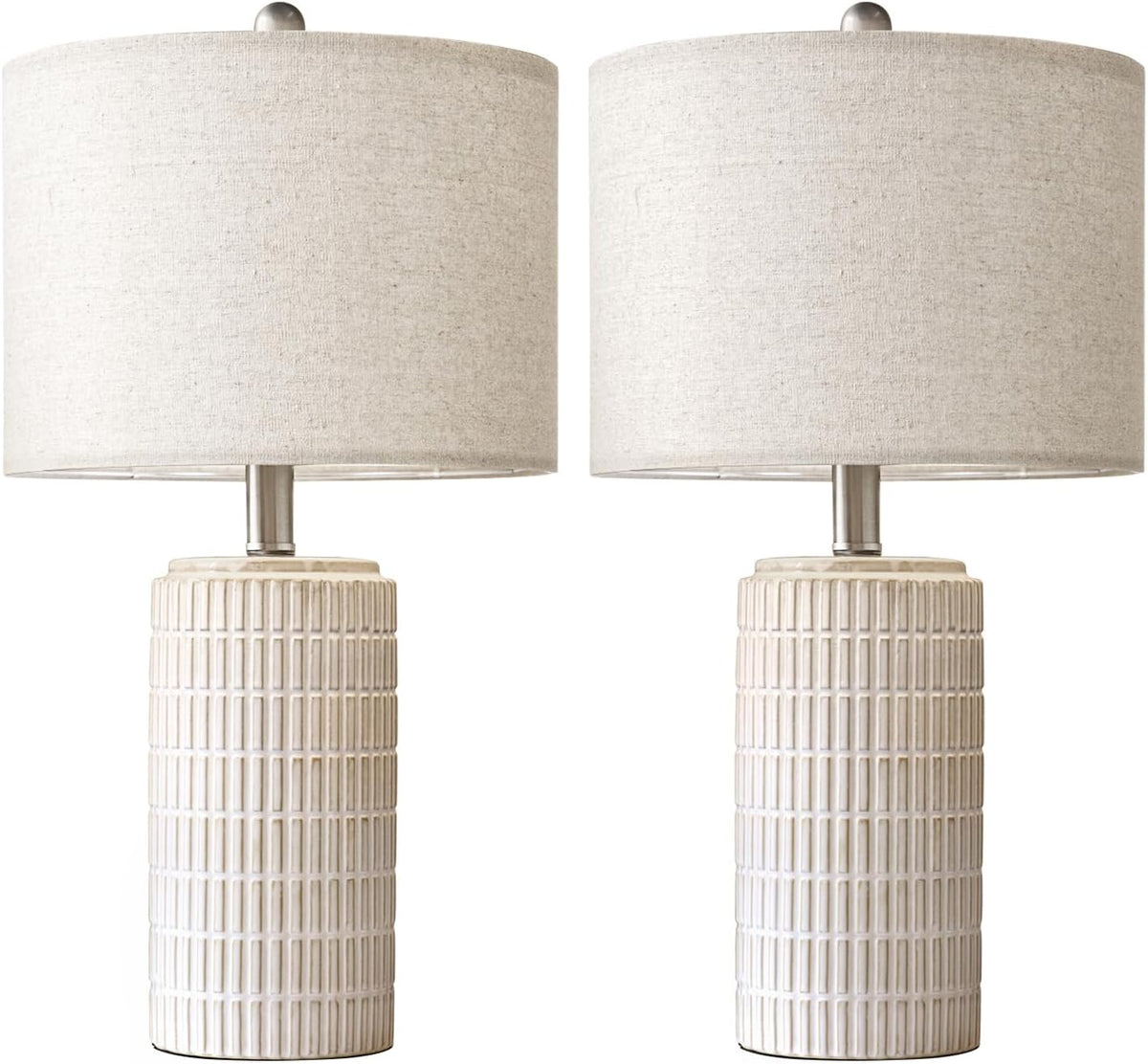 Pokat Set of 2 Modern 24" Ceramic Table Lamps for Bedroom and Living Room, White and Beige Nightstand Lighting Decor