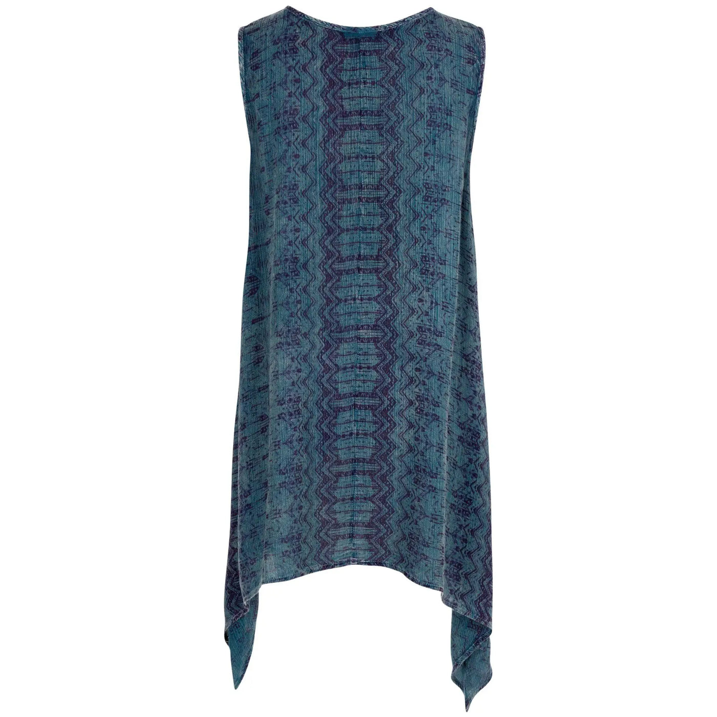 Center Lane embroidered sleeveless tunic dress in textured teal fabric with darker purple geometric patterns