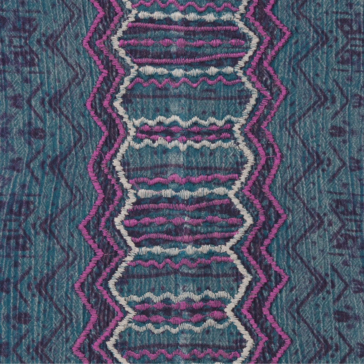 Center Lane embroidered sleeveless tunic in teal fabric with intricate magenta and white zigzag embroidery patterns