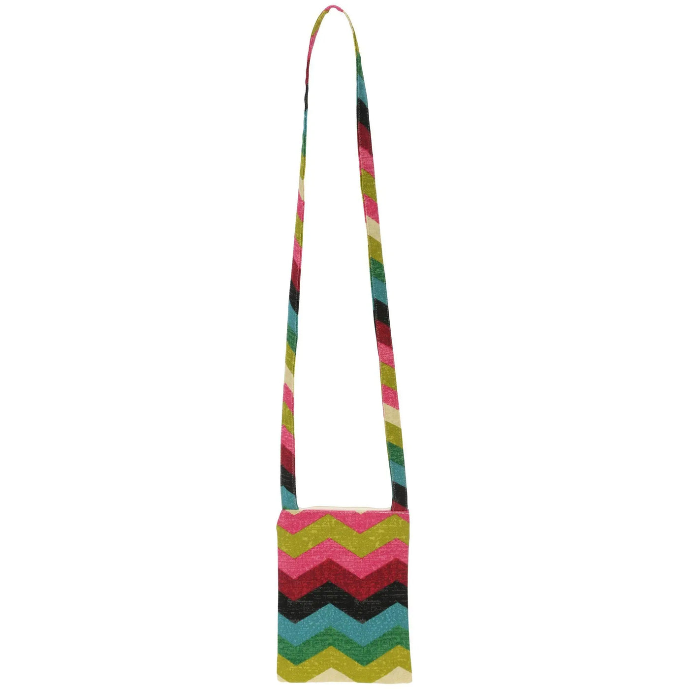 A vibrant cleaver chevron sling crossbody bag with a bold pink green teal and black zigzag woven fabric pattern