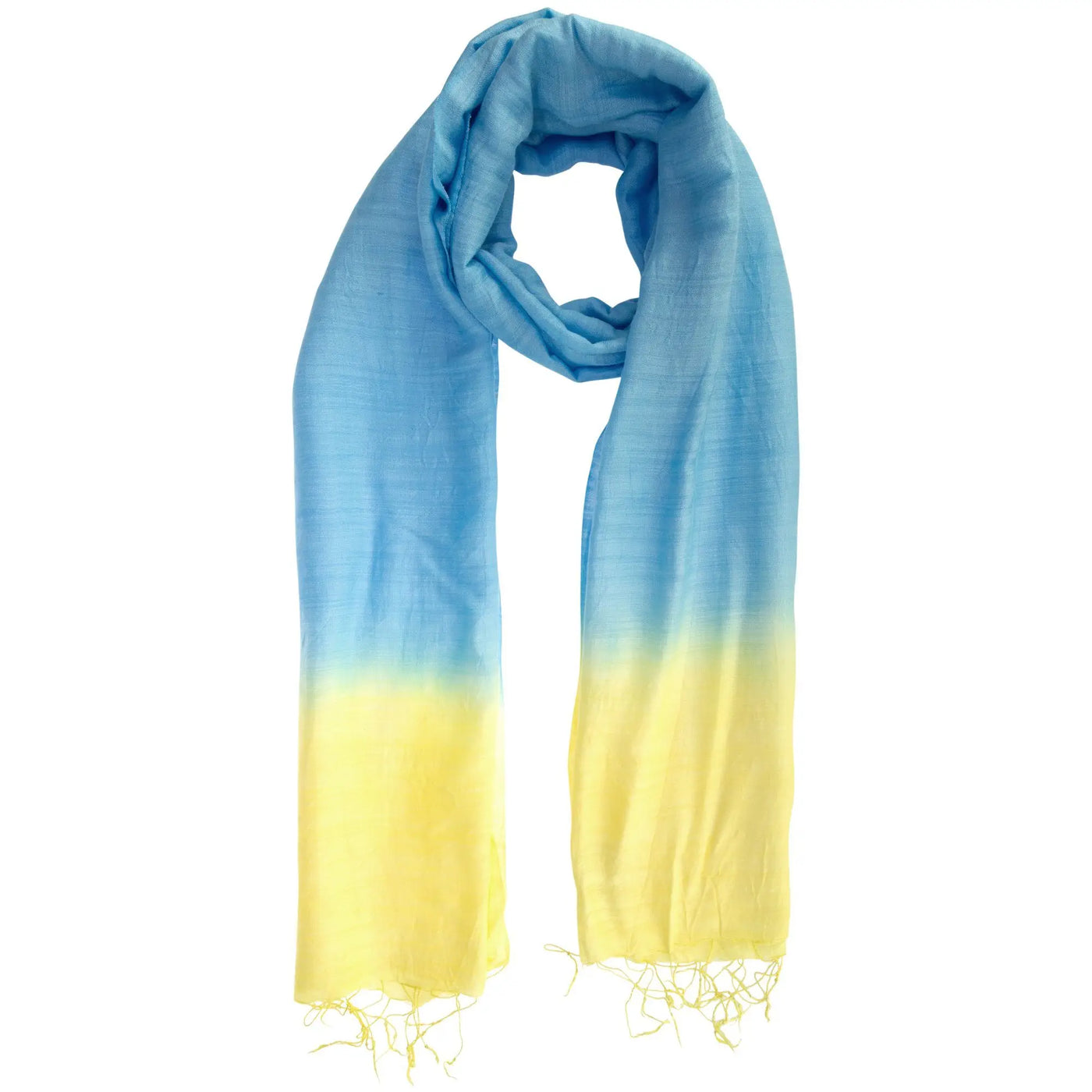 A soft color connection scarf with a gradient blue to yellow design subtle texture and fringed edges