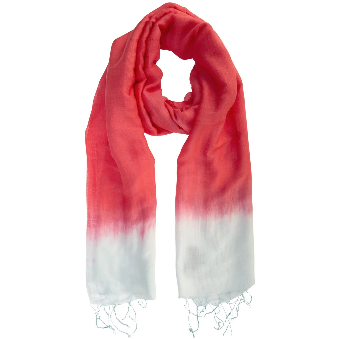 Color connection scarf soft coral to white ombre with delicate frayed edges ideal for stylish layering