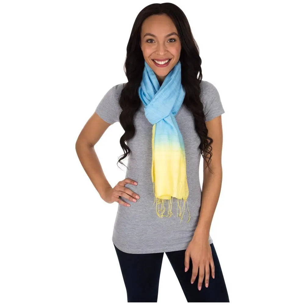 Color Connection Scarf soft gradient scarf transitioning from light blue to bright yellow with delicate fringe detailing