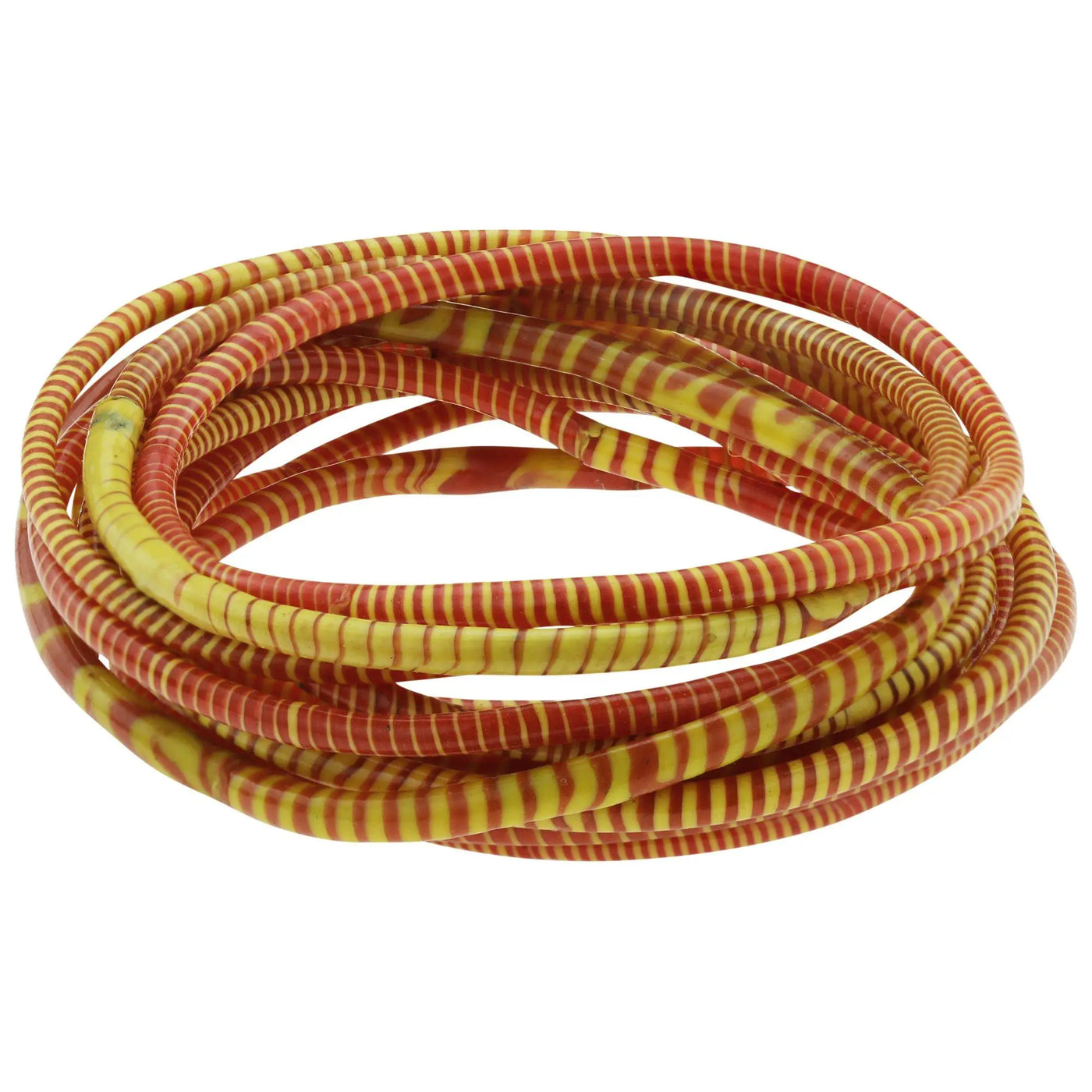 Coiled colors of mali recycled bracelet with vibrant red and yellow striped glossy smooth bangles