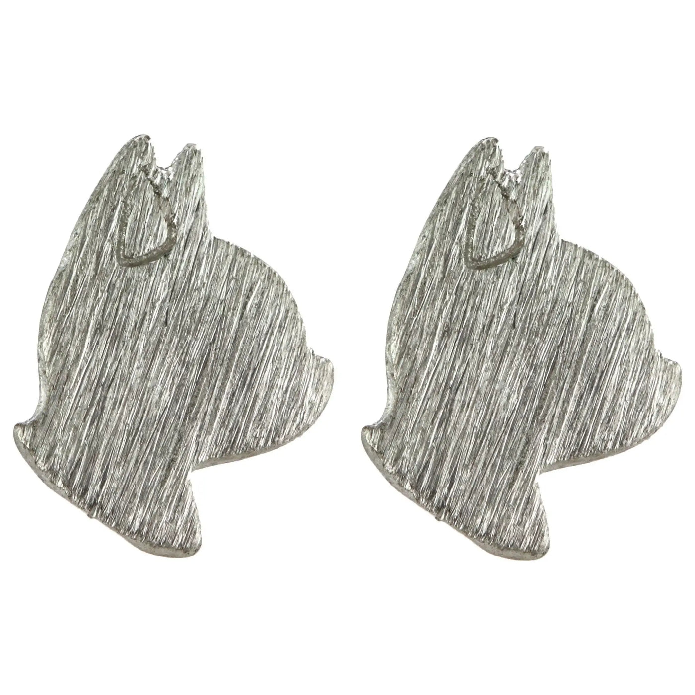 Silver dainty kitty cat stud earrings with brushed metallic finish and textured surface