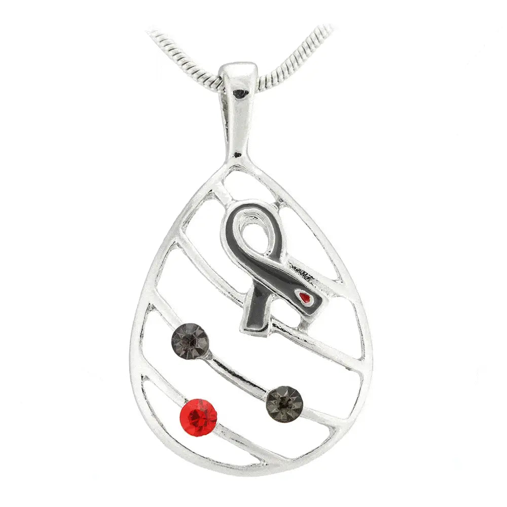 Silver teardrop diabetes awareness necklace with black red ribbon design and three accent stones on silver chain
