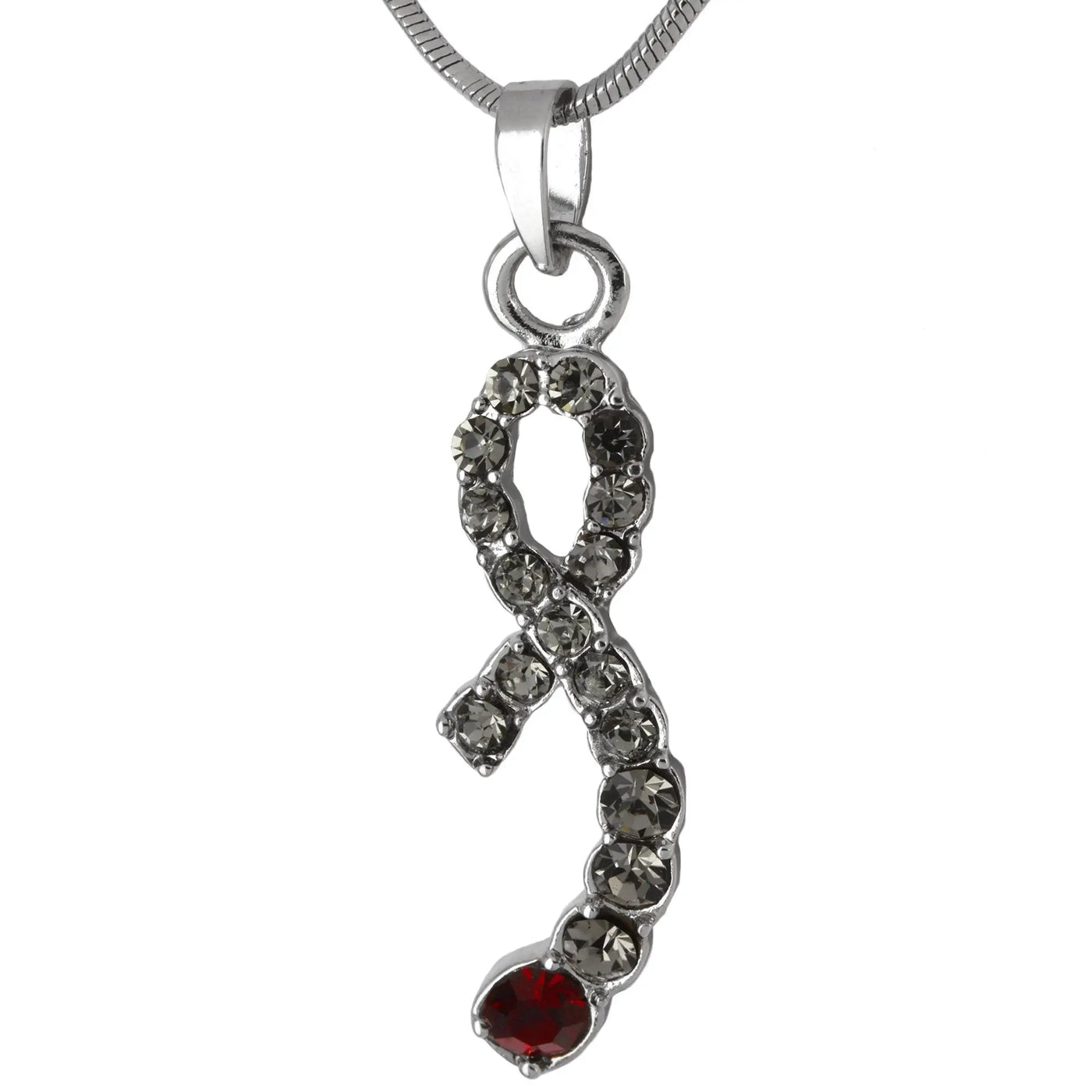 Silver ribbon pendant necklace featuring dark gray and red crystal stones for diabetes awareness journey