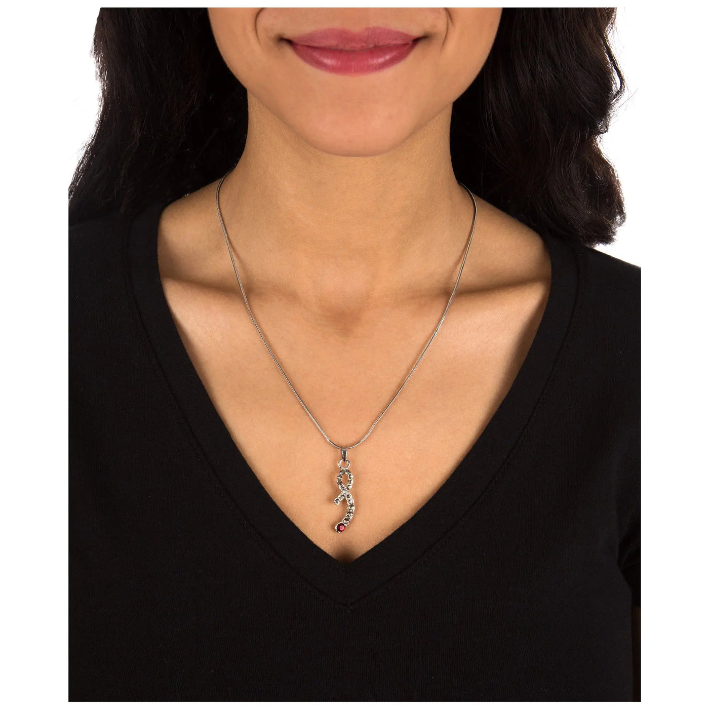 Silver diabetes ribbon journey necklace with seahorse pendant and embedded gemstones for awareness and style