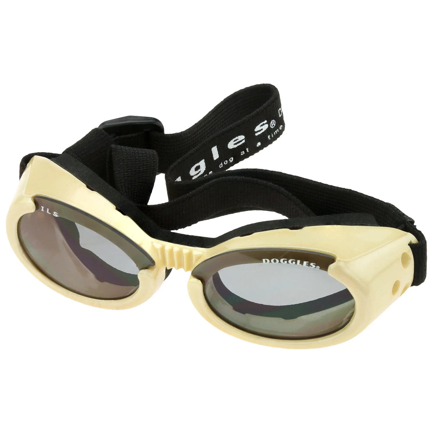 Cream-colored dog goggles with mirrored lenses and black adjustable strap for protective eyewear by doggles ilS