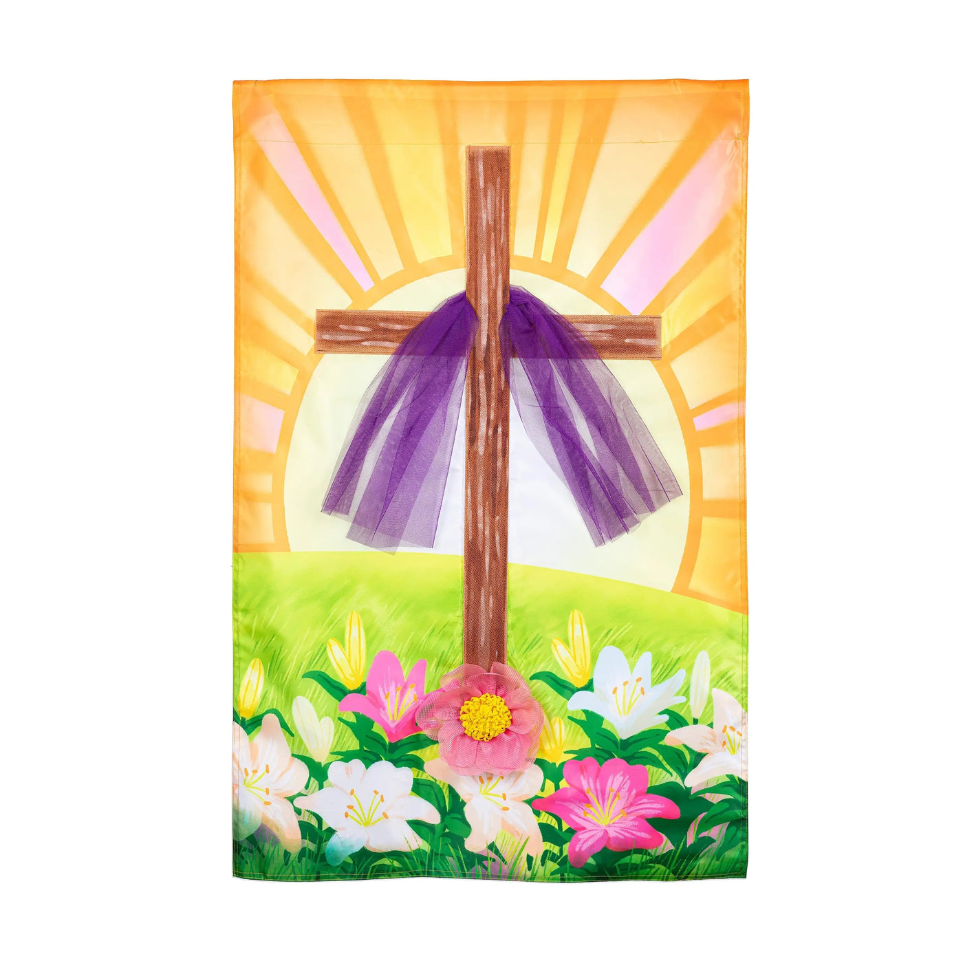 A vibrant garden flag featuring a wooden cross with purple tulle and colorful lilies against a sunrise backdrop