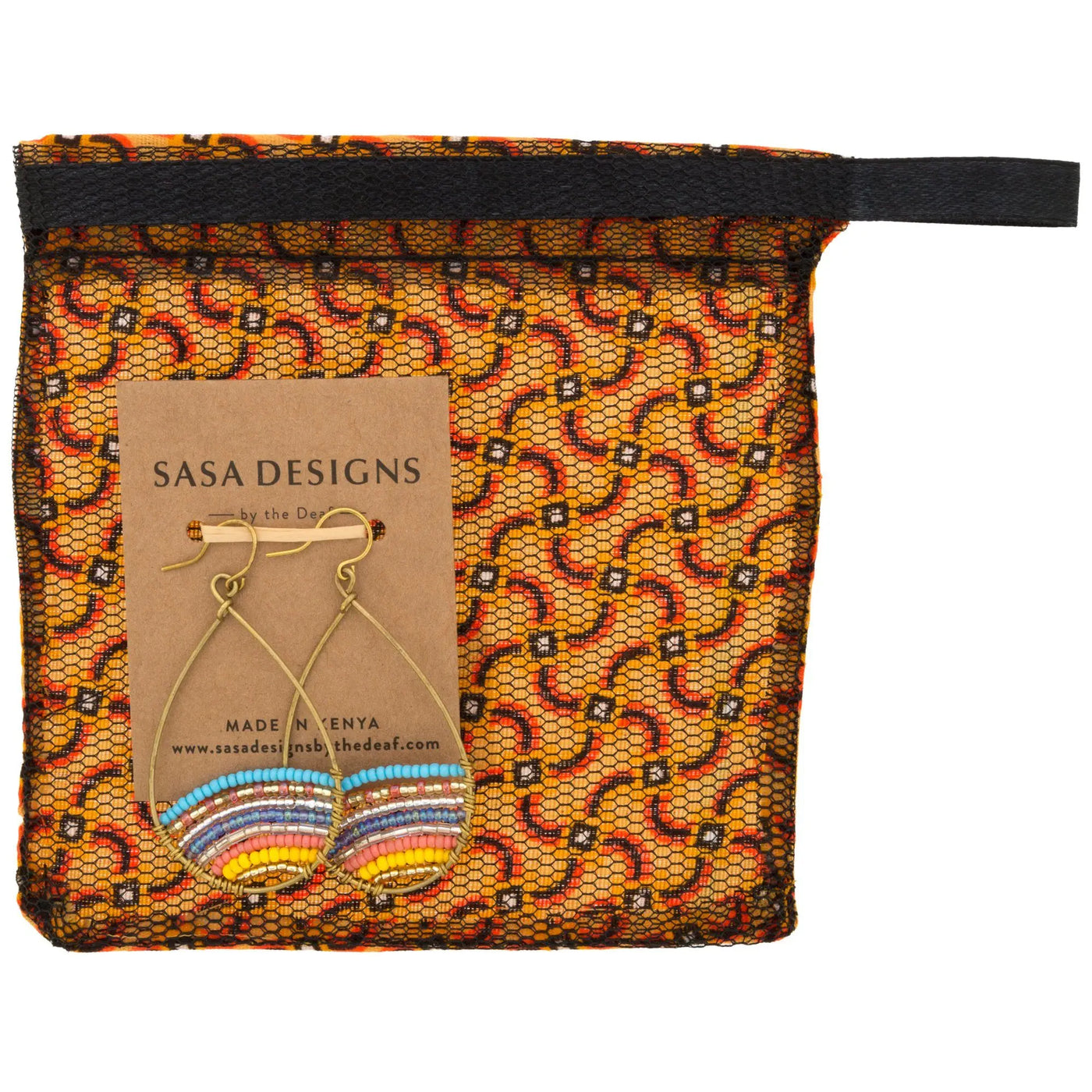 Gold-toned teardrop earrings with colorful beaded rainbow stripes in good karma beaded hoops design