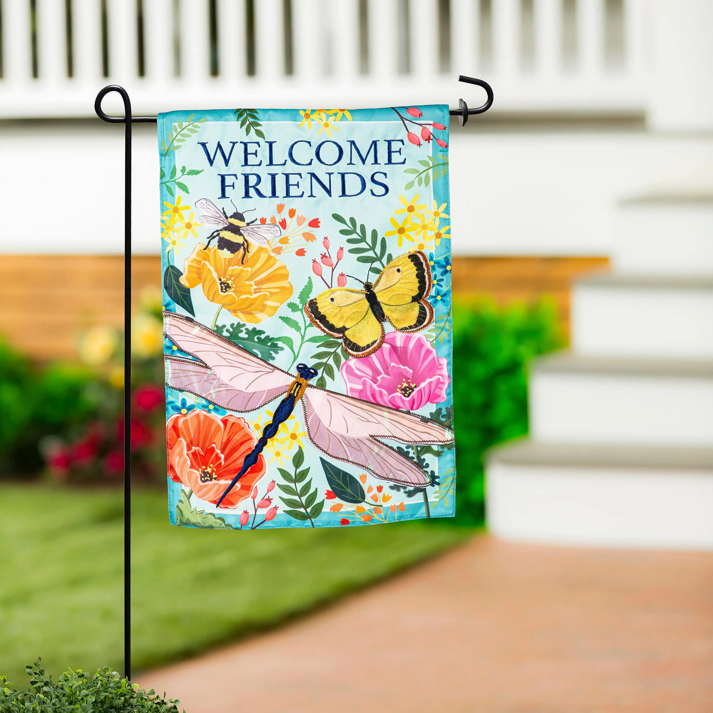 Colorful greenhouse garden welcome friends applique garden flag with butterflies dragonflies and flowers on light blue