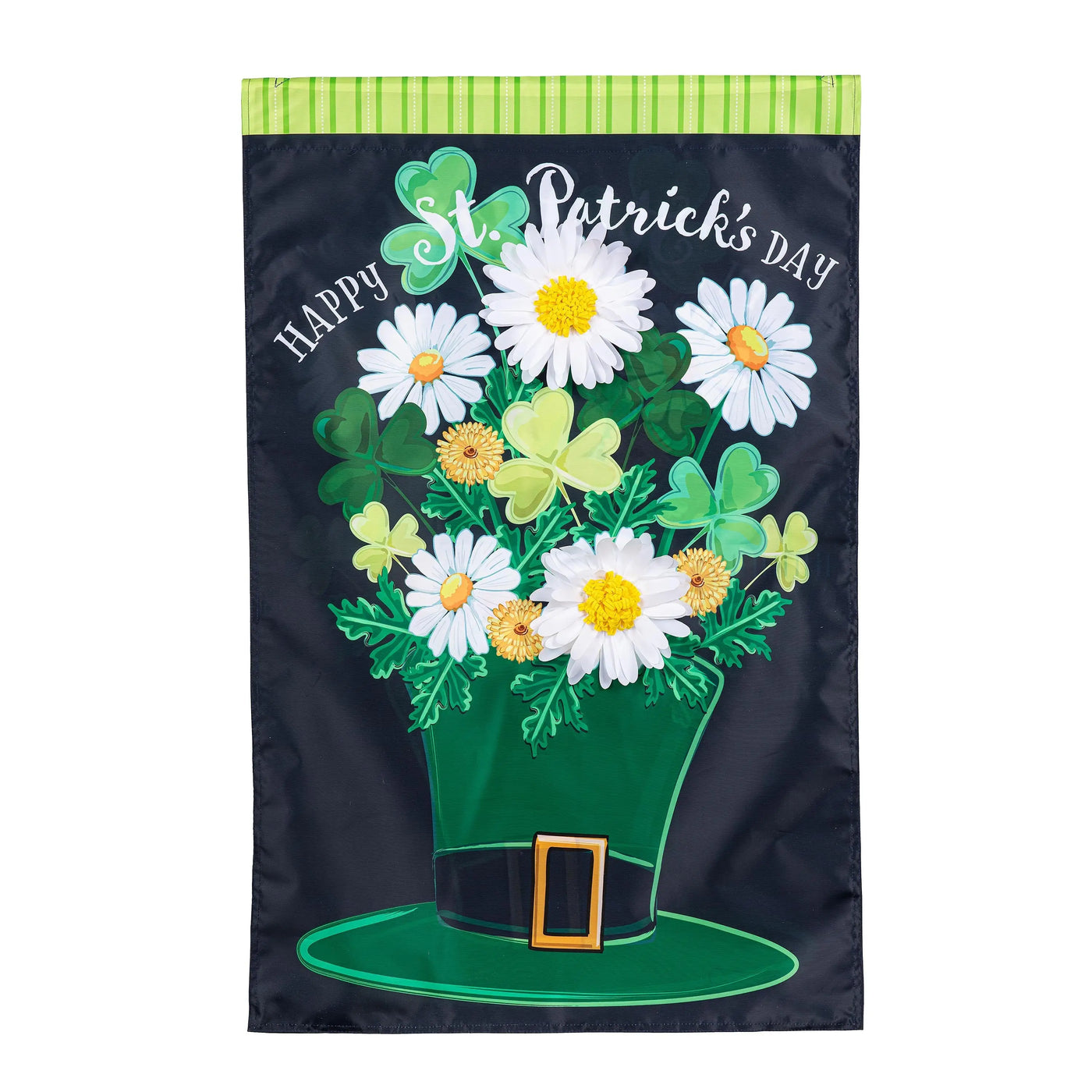 Happy st patricks day floral hat applique house flag featuring a green st design for outdoor decoration